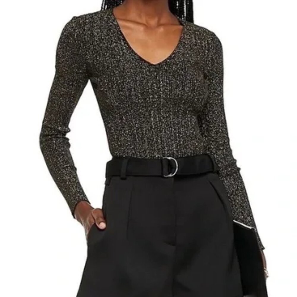 Maje Metallic Rib V-Neck Sweater (Black/Gold) XS/S